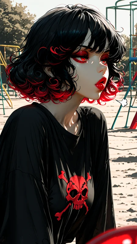 masterpiece, newest,absurdres,incredibly absurdres, best quality, amazing quality, very aesthetic, muted color, anime coloring,
1girl, puckered lips, black shirt, red skull print, short hair, curly hair, wavy ends, colored tips, sigh, red lips, blurry foreground, playground,
<lora:Face_Enhancer_Illustrious:0.6> <lora:HyperdetailedIllustrationIll:0.5>