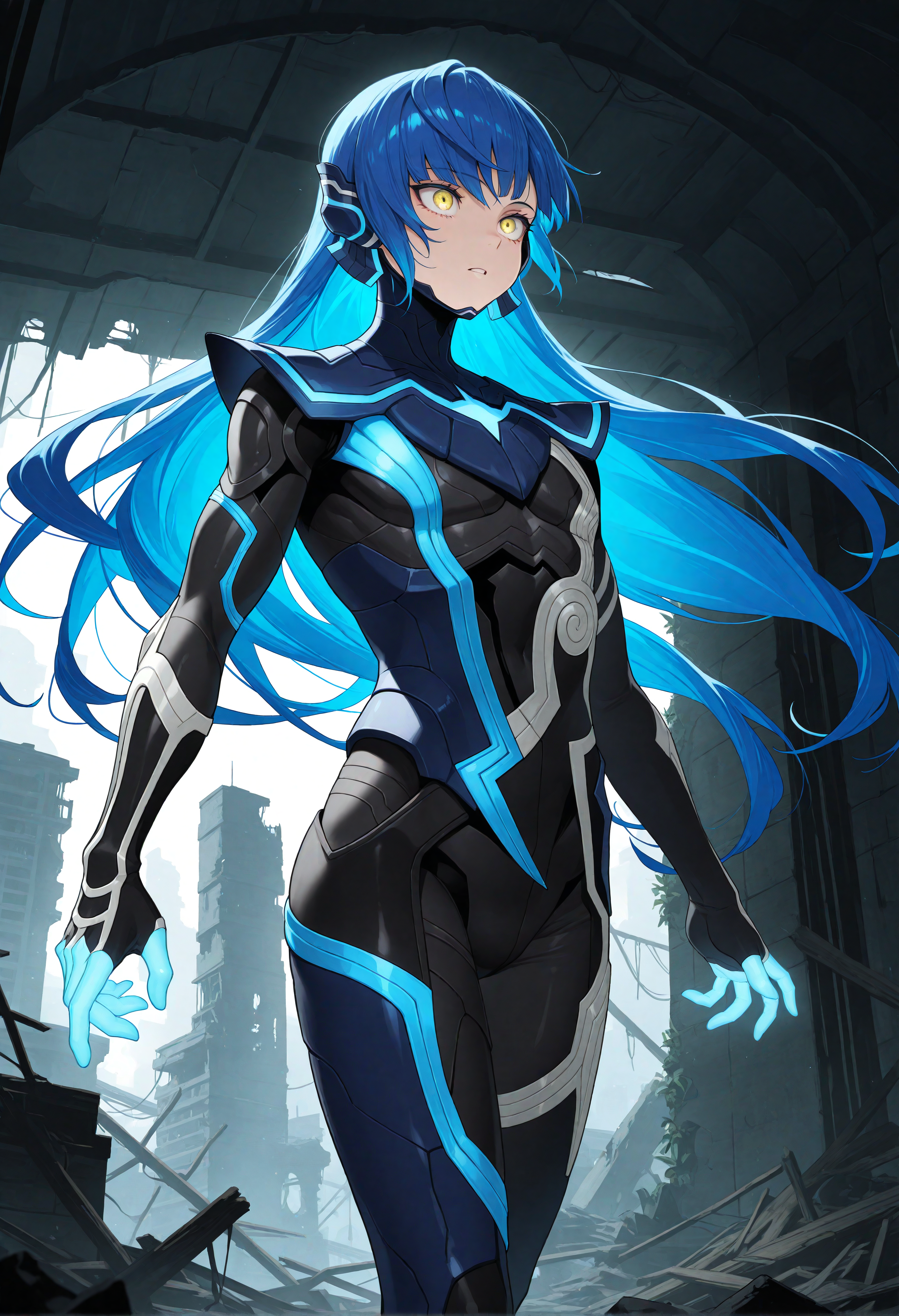 masterpiece, best quality, amazing quality, very aesthetic, <lora:noobai_vpred_1_aqm_complete_v3:1>, high resolution, 1boy, androgynous, solo, <lora:NahobinoSMTV_NoobVpred10_v1:0.9>, susabiNoob, blue hair, long hair, yellow eyes, bodysuit, armor, apocalype, abandoned