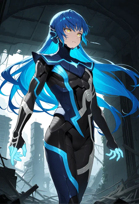 masterpiece, best quality, amazing quality, very aesthetic, <lora:noobai_vpred_1_aqm_complete_v3:1>, high resolution, 1boy, androgynous, solo, <lora:NahobinoSMTV_NoobVpred10_v1:0.9>, susabiNoob, blue hair, long hair, yellow eyes, bodysuit, armor, apocalype, abandoned