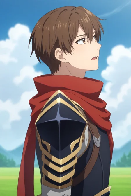 score_9, score_8_up, score_7_up,score_6_up,score_5_up,score_4_up,source_anime,BREAK, rating_safe, intricate details, , anime screencap, anime coloring, official style, depth of field,1boy, solo, male focus,<lora:yexiu:0.89>,lord grim, brown hair, brown eyes,short hair,bangs,open mouth,hair between eyes,upper body, male focus, outdoors, sky, day, cloud, scarf, armor, blue sky, shoulder armor, red scarf,looking to the side,from side , , , , <lora:sdxl_lightning_8step_lora_315544:1>
