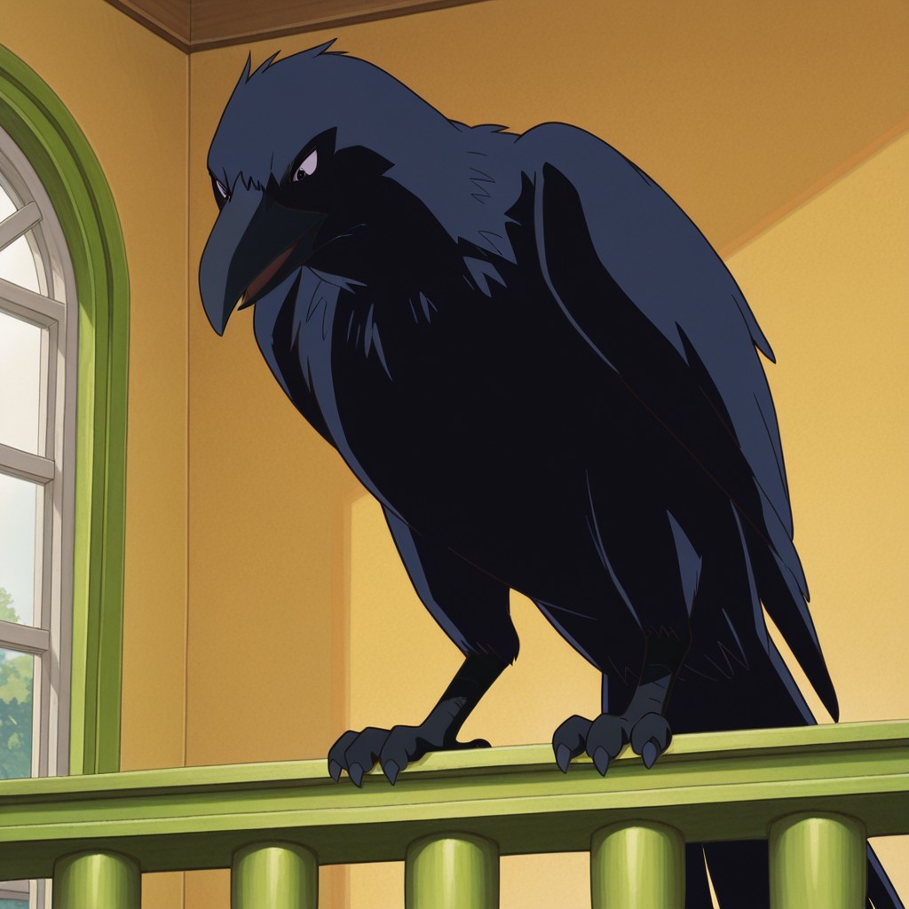 masterpiece, best quality, amazing quality, TotoTCRil, feral, raven, black feathers, black eyes, talons,  standing, inside, on a railing,, <lora:2223930a-6afe-41f1-95da-51d8110d4edc:0.7>