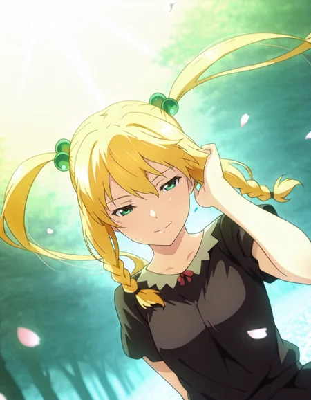 dynamic pose, wind, petals, light smile, hand in own hair, sunlight, volumetric light, <lora:Kodama_Himegami_LCD_v01:1> kodamahimegamilcd, braid, twintails, hair bobbles, blonde hair, green eyes, long hair,
dutch angle, depth of field, HDR, 8K, masterpiece,best quality,amazing quality, highest score,