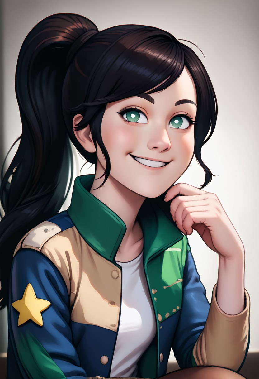 score_9, score_8_up, score_7_up, score_6_up, PRSNL_3_1,  uncensored, pupils black dots, realistic,
warm light, upper body,
hammiekyuranger,
solo, 1girl, jacket, black hair, pantyhose, smile, brown hair, long hair, ponytail, green eyes, floral print, star (symbol) skirt,