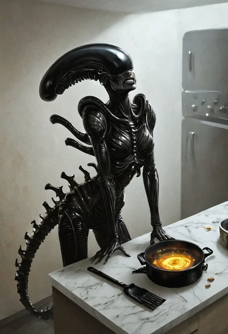 woman housewife with frying pan preparing big xenomorph eggs, xenoegg, satisfied, explains in the kitchen, High detail RAW color Photo, 8k, F2.8,