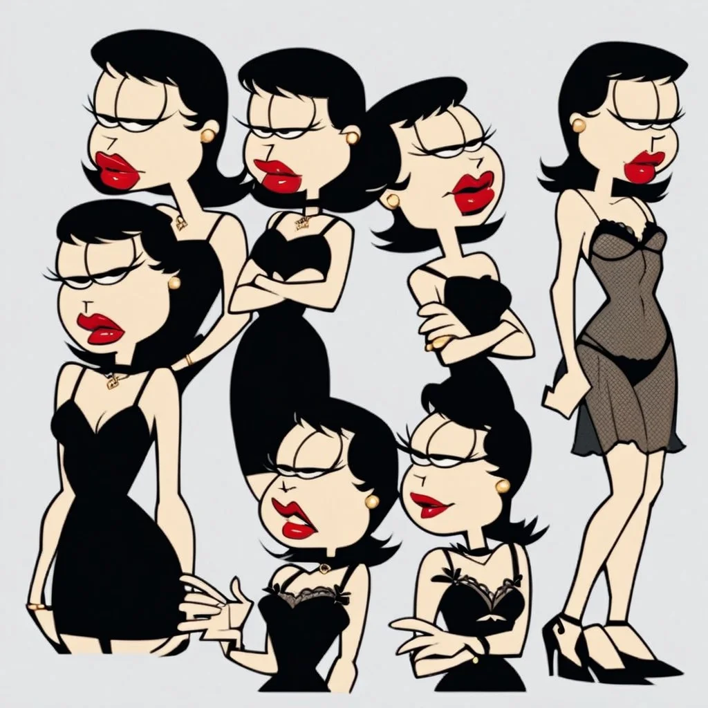 Score_9,score_up8,score_up7,score_up_6,
LizW,Black hair, red lips, big lips, black eyes, black dress,human,,cartoon eyes,
Break;
sexy lingerie, underwear, see-through, simple grey background,