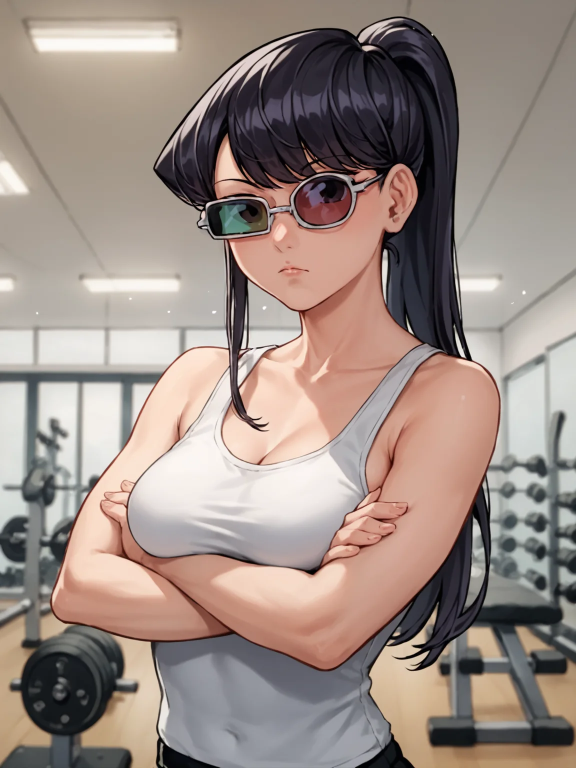 score_9, score_8_up, score_7_up, score_6_up, score_5_up, score_4_up, gym BREAK
<lora:SJGlasses_d8-000010:1.0> sjglasses, tinted glasses, komi shouko, female, black hair, ponytail, looking at viewer, standing, tank top, medium breasts, crossed arms