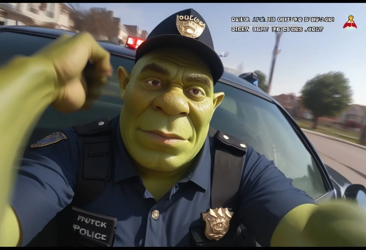 score_9, score_8_up, score_7_up, BREAK
pov, police bodycam footage, first person, low quality camera, low resolution, poor quality footage, motion blur, scan lines, fake screenshot, fisheye lens, BREAK,
shrek, green skin, handcuffed, sitting in back of police car