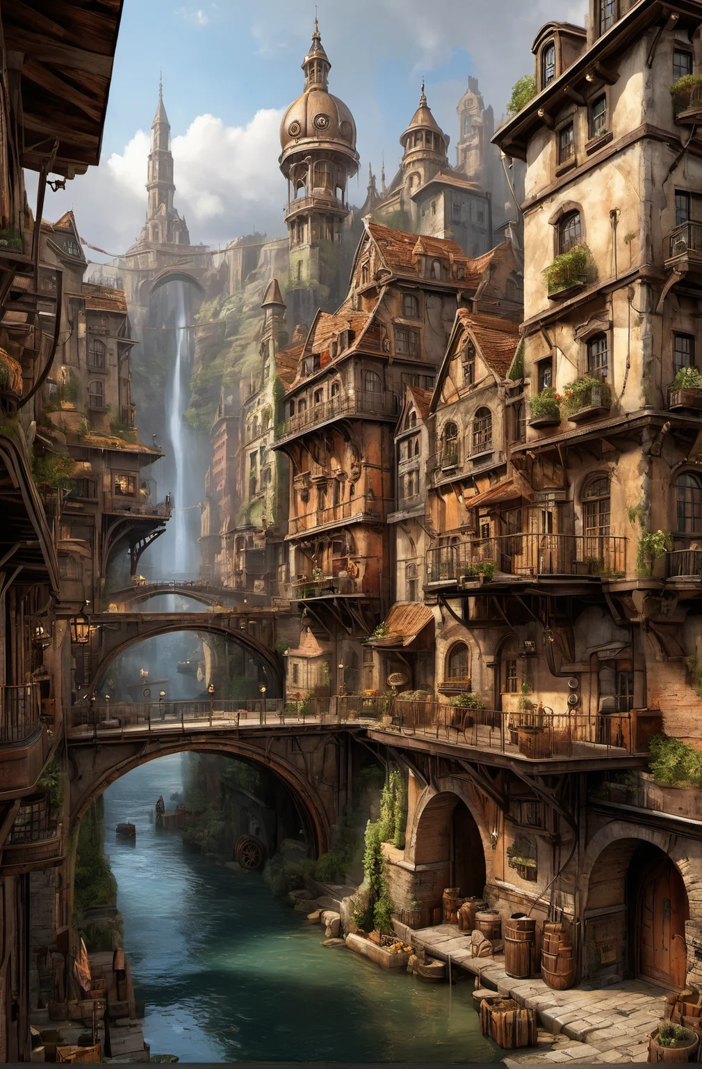 ((masterpiece)),((best quality)),((high detial)),((realistic,)) Industrial age city, deep canyons in the middle, architectural streets, bazaars, Bridges, rainy days, steampunk, European architecture