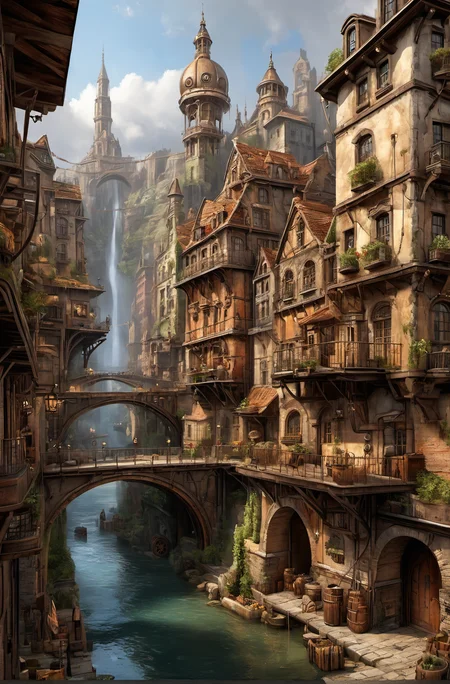 ((masterpiece)),((best quality)),((high detial)),((realistic,)) Industrial age city, deep canyons in the middle, architectural streets, bazaars, Bridges, rainy days, steampunk, European architecture