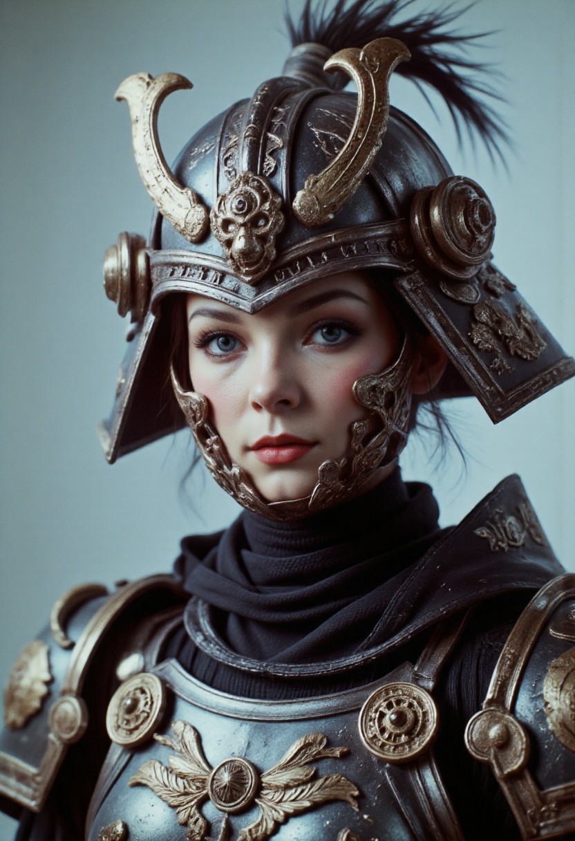 The image is a high-fashion photograph showcasing a shyly laughing Swedish woman with fair skin and delicate freckles. She wears an elaborate, futuristic shiny, and reflective armor-like hkwarrior outfit inspired by the traditional Japanese Edo period and Warhammer aesthetics. Her light laughter softens her otherwise powerful appearance, her bright blue eyes peeking from beneath a striking, oversized kabuto-style helmet. The helmet, predominantly reflecting with silver accents, is adorned with a dragon-like crest at the front, and intricate gold filigree winds through the design, echoing the ornate detailing of Edo-period samurai armor. Large eyeshadow adding a stark glimmer to her shy smile.
Her cheeks, flushed from her laughter, are framed by her freckles, and her expression is warm and approachable despite the imposing armor. She wears a black, segmented outfit that mimics traditional samurai armor, the layered plates of her outfit forming a mix of matte black leather and metallic elements. The intricate engravings and gold accents give it a regal but softened look. 
The background remains a plain, light gray, which contrasts with the dark armor, allowing her shy demeanor, bright eyes, and soft laughter to stand out even more, giving the powerful outfit an unexpectedly tender, approachable vibe.