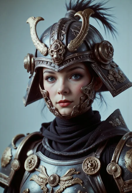 The image is a high-fashion photograph showcasing a shyly laughing Swedish woman with fair skin and delicate freckles. She wears an elaborate, futuristic shiny, and reflective armor-like hkwarrior outfit inspired by the traditional Japanese Edo period and Warhammer aesthetics. Her light laughter softens her otherwise powerful appearance, her bright blue eyes peeking from beneath a striking, oversized kabuto-style helmet. The helmet, predominantly reflecting with silver accents, is adorned with a dragon-like crest at the front, and intricate gold filigree winds through the design, echoing the ornate detailing of Edo-period samurai armor. Large eyeshadow adding a stark glimmer to her shy smile.
Her cheeks, flushed from her laughter, are framed by her freckles, and her expression is warm and approachable despite the imposing armor. She wears a black, segmented outfit that mimics traditional samurai armor, the layered plates of her outfit forming a mix of matte black leather and metallic elements. The intricate engravings and gold accents give it a regal but softened look. 
The background remains a plain, light gray, which contrasts with the dark armor, allowing her shy demeanor, bright eyes, and soft laughter to stand out even more, giving the powerful outfit an unexpectedly tender, approachable vibe.