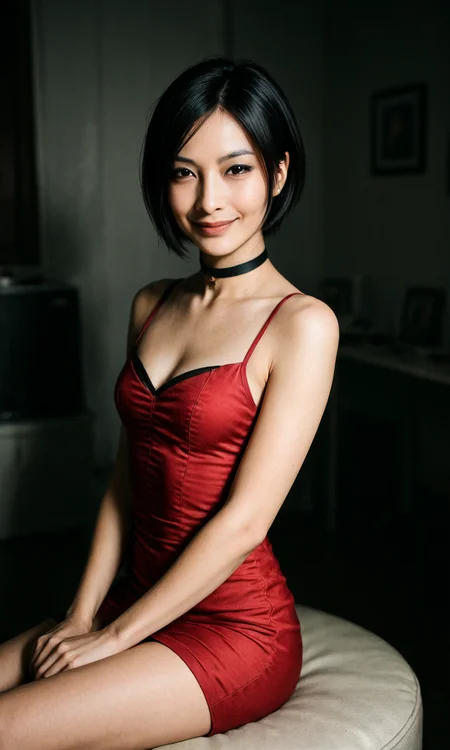 embedding:Stable_Yogis_Illustrious_Positives, 1990's amateur photograph, photorealistic, masterpiece, 1girl, solo, ada wong, black hair, short hair, brown eyes, black choker, red dress, side view, sitting, closed mouth, smile, solo,<lora:ada_wong_sdxl.safetensors:1.0:1.0>