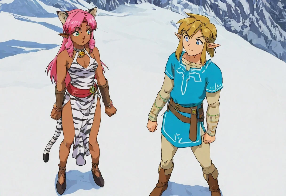 Pink_DragonPink, 1girl, sleeveless dress, white tiger print dress, pelvic curtain, cleavage, cat bell necklace, white tiger tail, red sash, small breasts, leather shoes, masterpiece, very aesthetic, <lora:pink-illustrious:1>, 
Break
1boy,Anime screencap,link (zelda),blonde hair,blue eyes,pointy ears, low ponytail, sidelocks, wearing blue hyilian tunic,
Break
Peak of tall snowy mountain, standing in the snow, during a sunny day, pink and link admiring the view, looking over the peak, standing side by side, view focus on the horizon