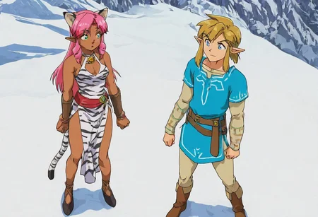 Pink_DragonPink, 1girl, sleeveless dress, white tiger print dress, pelvic curtain, cleavage, cat bell necklace, white tiger tail, red sash, small breasts, leather shoes, masterpiece, very aesthetic, <lora:pink-illustrious:1>,
Break
1boy,Anime screencap,link (zelda),blonde hair,blue eyes,pointy ears, low ponytail, sidelocks, wearing blue hyilian tunic,
Break
Peak of tall snowy mountain, standing in the snow, during a sunny day, pink and link admiring the view, looking over the peak, standing side by side, view focus on the horizon