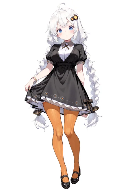 ((((((masterpiece)))))), ((((((best quality)))))), ((((((very aesthetic)))))), ((((((absurdres)))))), masterpiece, best quality, absurdres, facing viewer, hair ornament, black dress, short sleeves, striped legwear, pantyhose, full body, sexy
1girl, Kizuna Akari, white hair, blue eyes, braid,