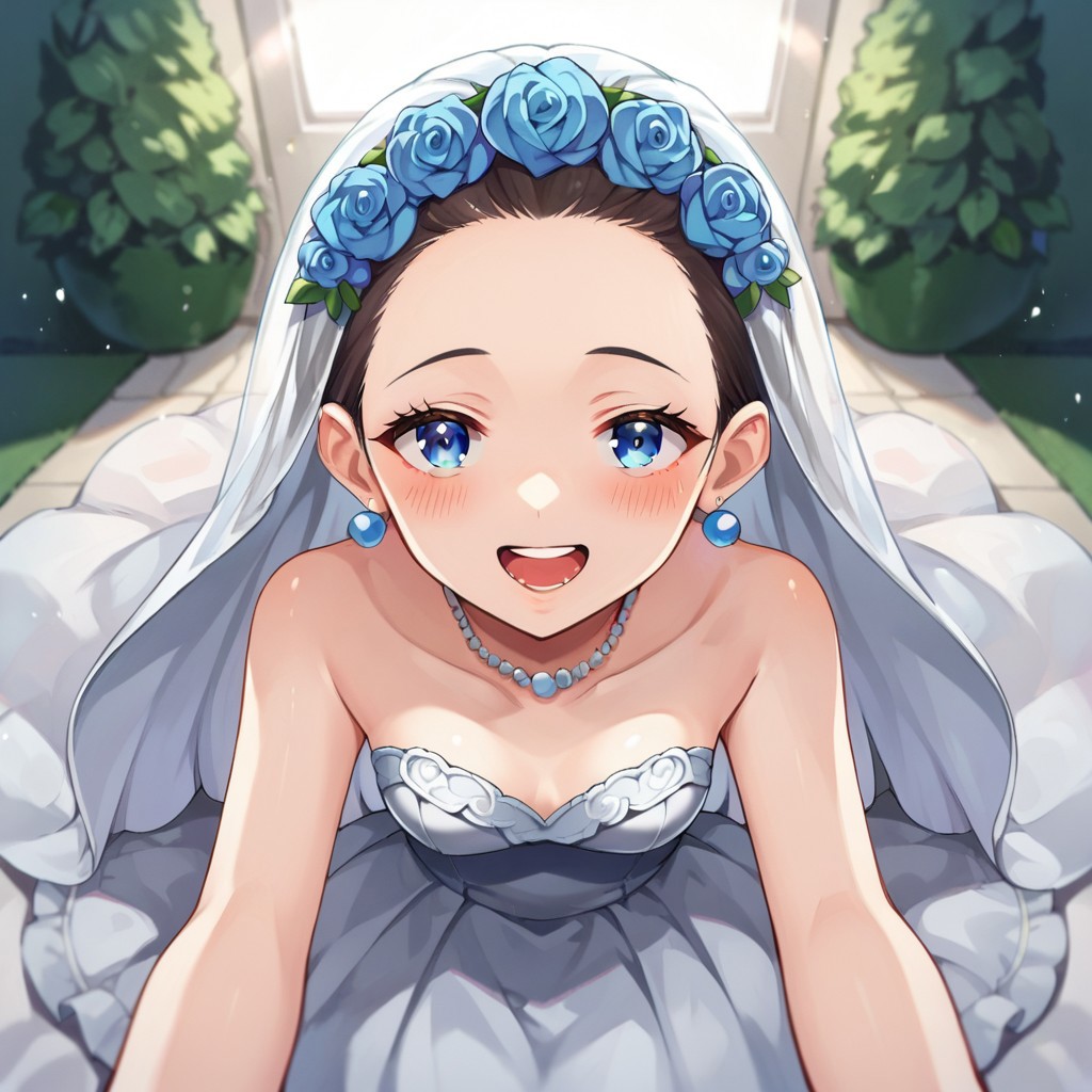 score_9, score_8, score_7, source_anime, wedding dress, POV, looking at viewer, blush, smile, open mouth, upper teeth only