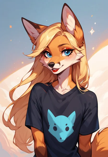 masterpiece, score_9_up, score_8_up, score_7_up, score_6_up, score_5_up, source_furry, (best quality:1.1), ultra-detailed, high resolution, 1girly male, anthro fox, feminized male, Girly, Femboy, Sissy, (beautiful blue eyes), Long eyelashes, red lipstick, Long eyelashes, Blonde long hair, black nose, Wide hips, Athletic, Fox tail, black t-shirt BREAK portrait, upper body BREAK Highly Visible, sharp focus, perfect lighting, anatomically correct, extremely detailed, high detail, Expressiveh, abstract background, OverallDetail, zPDXL3