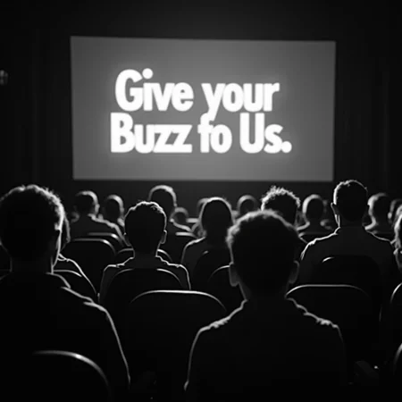 a group of people sits in a theatre with their backs to the viewer. They are staring at a large screen that displays the words “Give your Buzz to Us” the image is heavily inspired by the movie 1984 and the famous theatre scene. The image is in greyscale