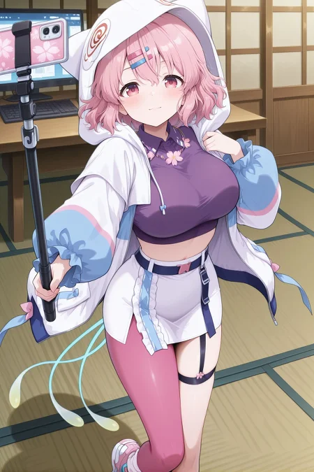 absurdres, highres, masterpiece, best quality, amazing quality, official anime artwork, screencap, anime screencap, outdoors, looking at viewer, light smile, dynamic pose, standing,
<lora:Yuyuko-Saigyouji_IllustriousV3:1> saigyouji yuyuko, 1girl, solo, pink eyes, pink hair, short hair, large breasts,, saigyouji yuyuko \(cyber ghost\), alternate costume, hairclip, white hoodie, hood up, long sleeves, puffy long sleeves, white sleeves, pocket, crop top, purple top, midriff, white skirt, miniskirt, asymmetrical legwear, uneven legwear, pink pantyhose, single leg pantyhose, white socks, sneakers, sakura necklace, fake tails, garter straps, phone, selfie stick, 
indoors, desk, computer,