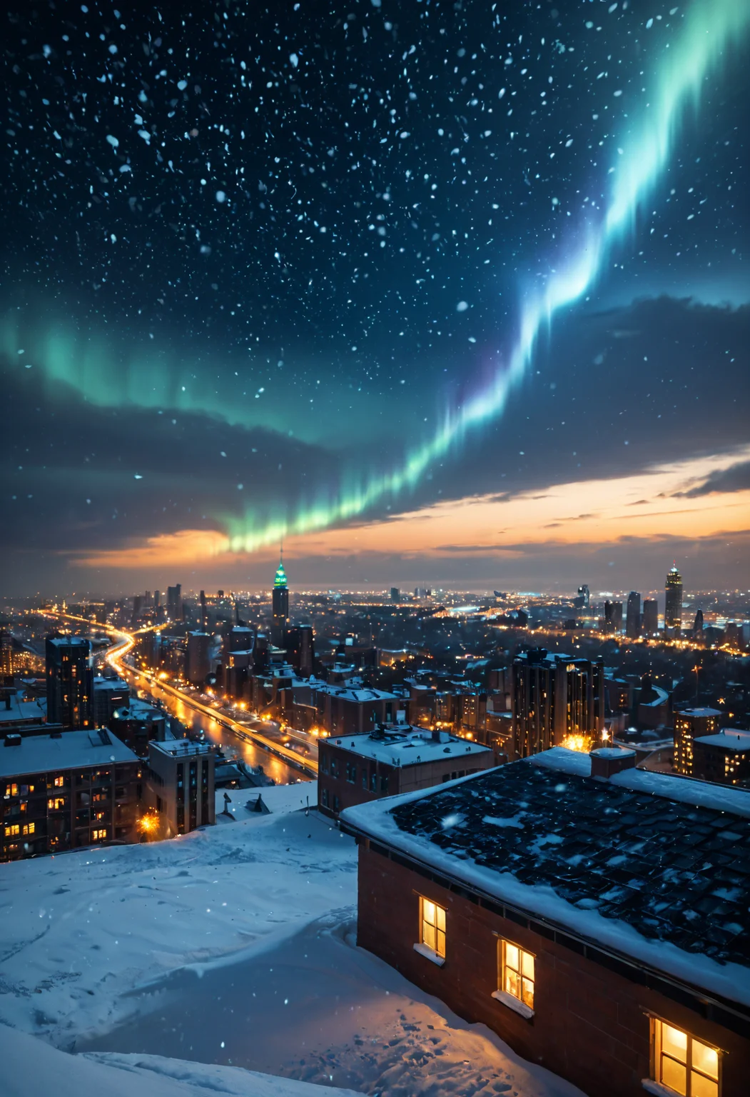 score_9,score_8_up,score_7_up,snowing,snowflakes,cold,approaching perfection,dynamic,highly detailed,smooth,sharp focus,intricate details,shallow depth of field,vignette,high budget,bokeh,cinemascope,moody,epic,gorgeous,film grain,grainy,<lora:Aurora-1:1>,aurora-1,space,aurora,night,night sky,sky,star \(sky\),starry \(sky\),shooting star,galaxy,milky way,city lights,moon,fireworks,city,planet,light particles,cityscape,cloud,snowing,skyline,skyscarper,constellation,scenery,