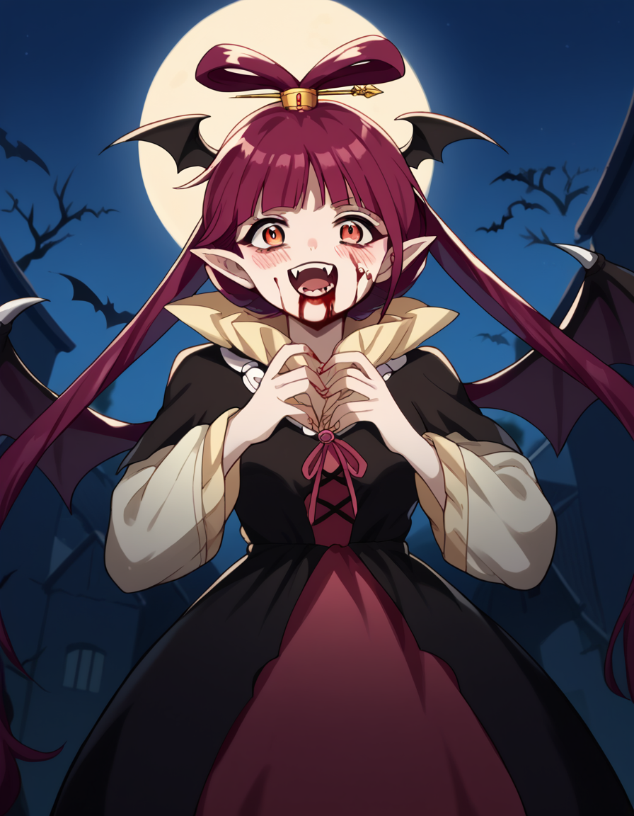 score_9, score_8_up, score_7_up, source_anime, <lora:kougyoku-ren-s1-ponyxl-lora-nochekaiser:1>, kougyoku ren, long hair, red hair, hair rings, twintails, bangs, blunt bangs, orange eyes, medium breasts,, <lora:vampire-ponyxl-lora-nochekaiser:1>, vampire, red eyes, pointy ears, fangs, black dress, wings, blood, blood on face, blood on mouth, bat (animal), halloween, halloween costume, upper teeth only, night, moon, blush, smile, open mouth, , dutch angle, cowboy shot