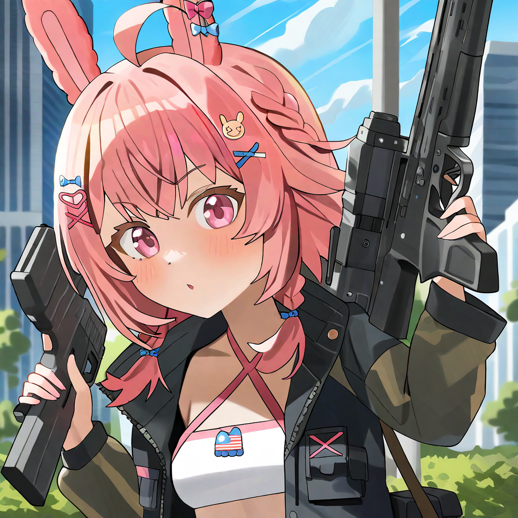 by hoodxart, pipkin pippa, 1girl, solo, animal  ears, pink eyes, pink hair, blush, bangs, ahoge, hair ornament, braid, small breasts, tactical jacket, criss-cross halter, holding a gun, 
standing, upper body, in a metropolis, sunny day, 
 <lora:pipkin_pippa_XL:1.5>