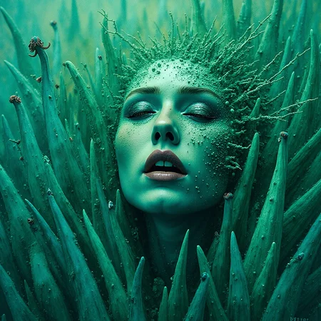 <lora:Florate Flux_v2_epoch_3:0.9> A surrealist painting of cyan and may green variegated organic scene with many spiked and toothed edges, a womans face, diseased