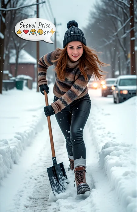 Hyperrealistic art a woman walking through the snow with a shovel and a snow shovel in her hand and a car behind her, Caro Niederer, winter, a stock photo, barbizon school. Cinematic photography, movie mood, cinematic light, compelling composition, storytelling elements, conveys emotion, mood, and narrative depth, creating visually striking images that feel like still frames from a film. <lora:add-detail-xl:.5> <lora:Flux-style-xl-lora:.5>