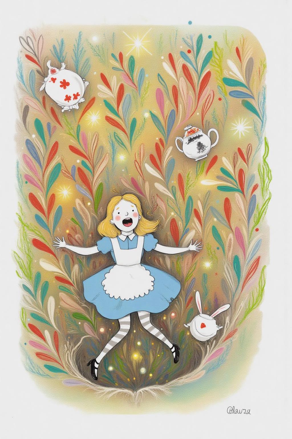 al1ca Illustration. 
Overhead view of Alice in Wonderland falling into the rabbit hole, with her legs dangling beneath her. She is looking upward, her face filled with shock and terror as she screams. Her blue dress and white apron billow out around her as she tumbles, while her striped stockings and black shoes are visible below. The rabbit hole is a swirling, chaotic mix of vibrant colors, playing cards, teacups, and other Wonderland objects floating around her. Soft glowing light emanates from the tunnel walls, adding an eerie, fantastical feel to the scene. The sense of motion and fear is palpable as Alice falls deeper into the unknown. The background is stark white. <lora:al1ca1_cap_d6a3e11:1.0><lora:828093089638788361:0>