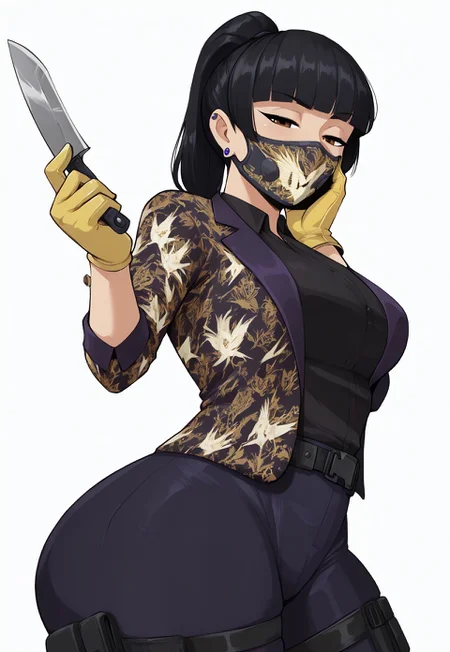 safe_pos, score_9, score_8_up, score_7_up, BREAK, (masterpiece, best quality, highres detail),gradient background, from side,bottom view,AzamiR6S,1girl,adult,solo, head turned to viewer, looks at viewer,holds tactical knife,one hand on cheek,horny,beautiful face,beautiful eyes, brown eyes,half closed eyes,black hair, blunt bangs, ponytail, black eyeliner, single earring,(curvy:1),medium breasts, thick thighs,mouth mask, yellow gloves, purple jacket, print jacket, black collared shirt, black belt, purple pants, thigh strap