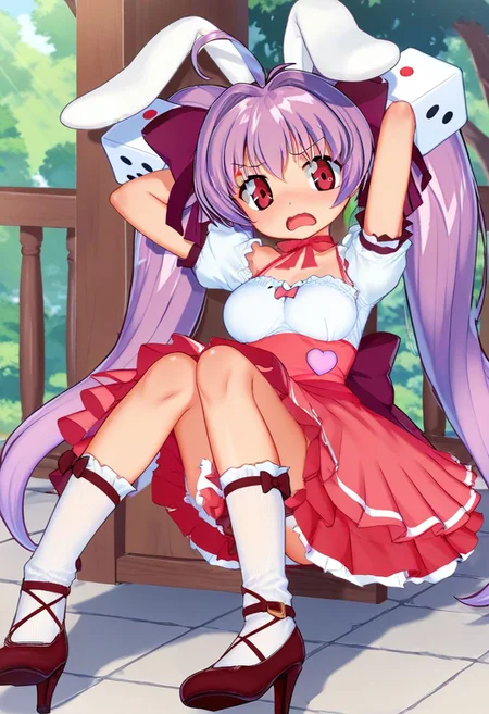 score_9, score_8_up, score_7_up, best quality, uncensored, source_anime, BREAK
1girl, solo, usada_hikaru, ahoge, rabbit ears, dice hair ornament, ahoge, purple hair, twintails, red eyes, ribbon choker, wrist ribbon, dress, usada_hikaru_outfit, red frills skirt, bare shoulders, white socks, high heels,
upskirt, arms up, Disgusted, A wrinkled nose, raised upper lip, and a slightly open mouth., outdoors,
<lora:sdxl_lightning_8step_lora:1> <lora:usadahikaru_XL(pony)rev2:0.8>