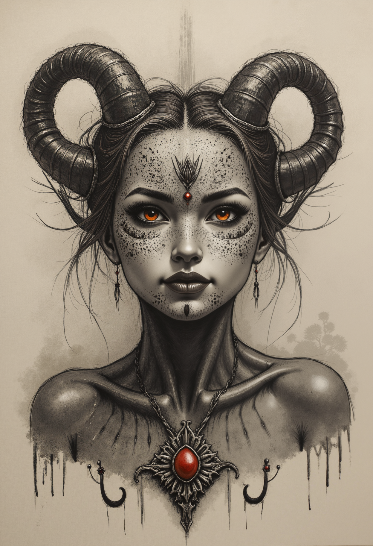 A detailed charcoal illustration of a mischievous-looking succubus, her eyes glinting with playful malice. Elegant, curved horns frame her face, complementing her sly smirk and sharp, alluring features. Wisps of shadow and smoke coil around her, adding depth and mystery to the portrait, while the rough texture of the charcoal emphasizes the contrast between light and dark, drawing focus to her piercing gaze, orange red eyes and captivating expression.<lora:MyLoras\Scandinavian Girls Oct4th\ScandiGirl_Style_Flux.safetensors:0.9:0.9> <lora:Flux\Illustration\Charcoal01d_CE_FLUX_AIT5k.safetensors:0.7:0.7>