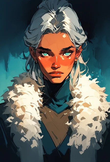 score_9, score_8_up, score_7_up, watercolor, bronze skin, A gaunt, silver-haired woman with piercing cyan eyes. Focused expression, wearing a pristine lab coat with faint bloodstains at the cuffs. Dramatic lighting, portrait, bright abstract gradient background, ruanyi0836,see-through,shawl,feather boa