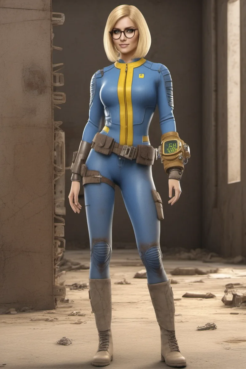 Dystopian style a full body blond woman, bobcut, glasses, wears a blue and yellow outfit, computer wrist watch on her arm, smiles <lora:FalloutVault1024:0.8> . Bleak, post-apocalyptic, somber, dramatic, highly detailed