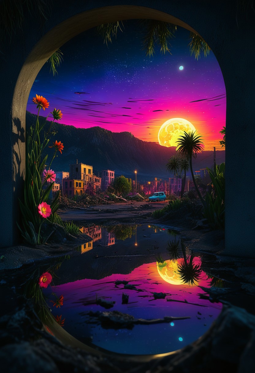 detailed, animation of a landscape. the landscape can be seen on a mirror. The mirror hangs in a dark room. lit with candles.  beautiful colorful vibrant seascape with neon colors. deserted, dark, lifeless city. The left side is beautiful. living sea, colorful asymmetrical and abstract flowers and trees, sunset. 
On the right you can see a destroyed city after an earthquake. no life, destroyed buildings, destroyed cars, destroyed plants and trees, dark starry sky, the landscape is illuminated by the moon.
The right landscape appears dark, while the left side is bright and vibrant.
Perfection style, vibrant colors, colorful dark background. focus on the mirror. The mirror is gold, with detailed decorations.
midjourneyv6.1, AlfMch, drawix1, dwx1
