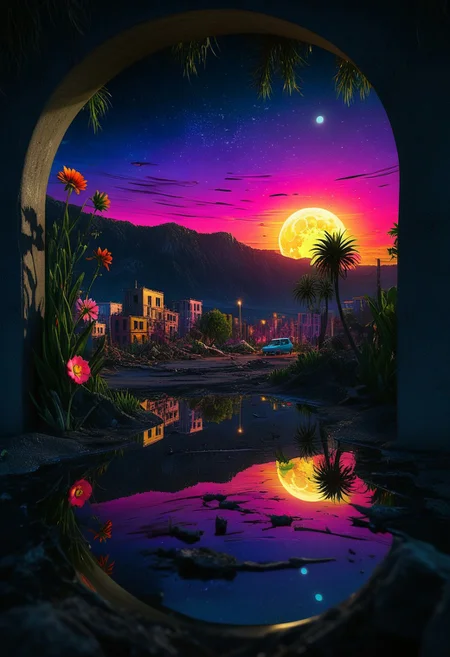 detailed, animation of a landscape. the landscape can be seen on a mirror. The mirror hangs in a dark room. lit with candles. beautiful colorful vibrant seascape with neon colors. deserted, dark, lifeless city. The left side is beautiful. living sea, colorful asymmetrical and abstract flowers and trees, sunset.
On the right you can see a destroyed city after an earthquake. no life, destroyed buildings, destroyed cars, destroyed plants and trees, dark starry sky, the landscape is illuminated by the moon.
The right landscape appears dark, while the left side is bright and vibrant.
Perfection style, vibrant colors, colorful dark background. focus on the mirror. The mirror is gold, with detailed decorations.
midjourneyv6.1, AlfMch, drawix1, dwx1