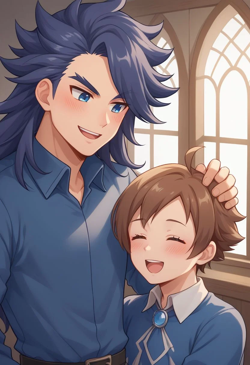 score_9, score_8_up, source_anime, highly detailed, 2boys, male_focus
janne, 1boy, long hair, blush, male focus, long hair, blue hair, spiked hair, shirt, blue eyes, blue shirt, collared shirt, BREAK
yew, 1boy, brown hair, male focus, ahoge, smile, blue shirt, collared shirt, closed eyes, open mouth,
indoor, medieval, hand on other head, petting,