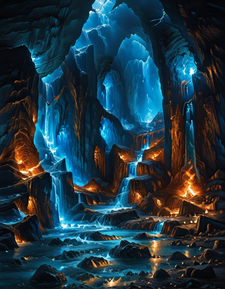 <lora:Medieval_Worlds__Scenery:1> mwl01, scenery, in a huge cave, rough river, rocks, frozen walls, fire, nautural skylight, waterfall, blue, T3, gold, marble, masterpiece,best quality,amazing quality,