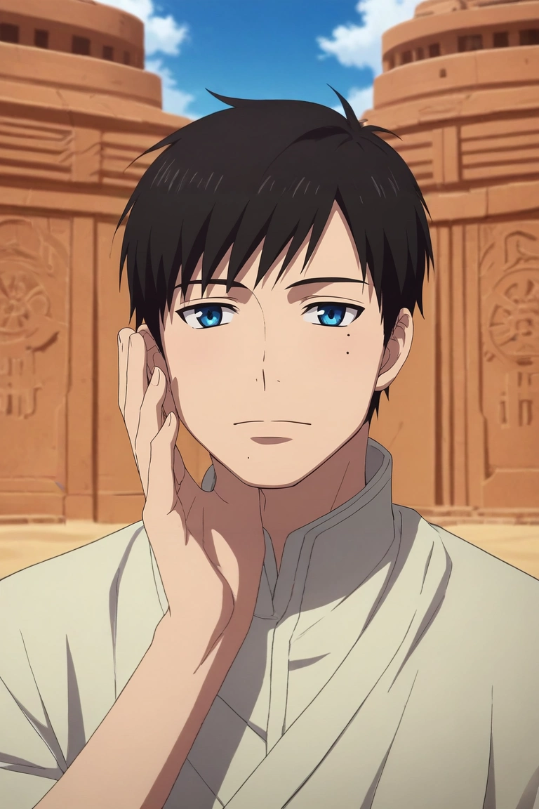 score_9, score_8_up, score_7_up, , rating_safe, , (photorealistic:0.6), , , 1boy, solo, male focus, <lora:yukio_okumura_pony:0.76>, yukio_okumura, black hair, blue eyes, mole, mole under eye, , desert temple, sand columns, sun dials, ritual spaces, worship pose, solemn expression, noon, , <lora:sdxl_lightning_8step_lora:1>