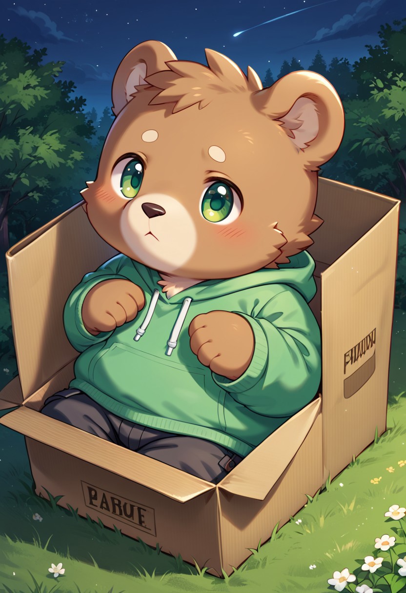 score_9, score_8,score_7, source_furry, anthro, furry, male, brown bear, chubby, fat, detailed background, green hoodie, green eyes, sleepy, outdoor, park, b0xe,in box,chibi,cardboard box, black cargo pants, night, zPDXL3