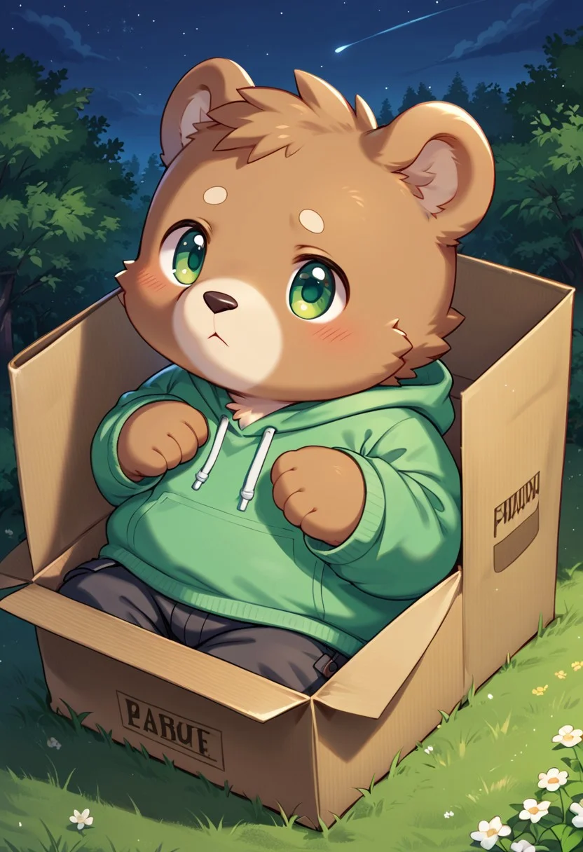 score_9, score_8,score_7, source_furry, anthro, furry, male, brown bear, chubby, fat, detailed background, green hoodie, green eyes, sleepy, outdoor, park, b0xe,in box,chibi,cardboard box, black cargo pants, night, zPDXL3