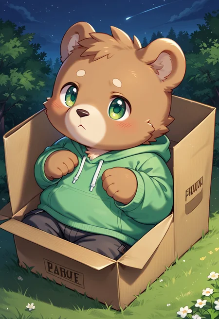 score_9, score_8,score_7, source_furry, anthro, furry, male, brown bear, chubby, fat, detailed background, green hoodie, green eyes, sleepy, outdoor, park, b0xe,in box,chibi,cardboard box, black cargo pants, night, zPDXL3