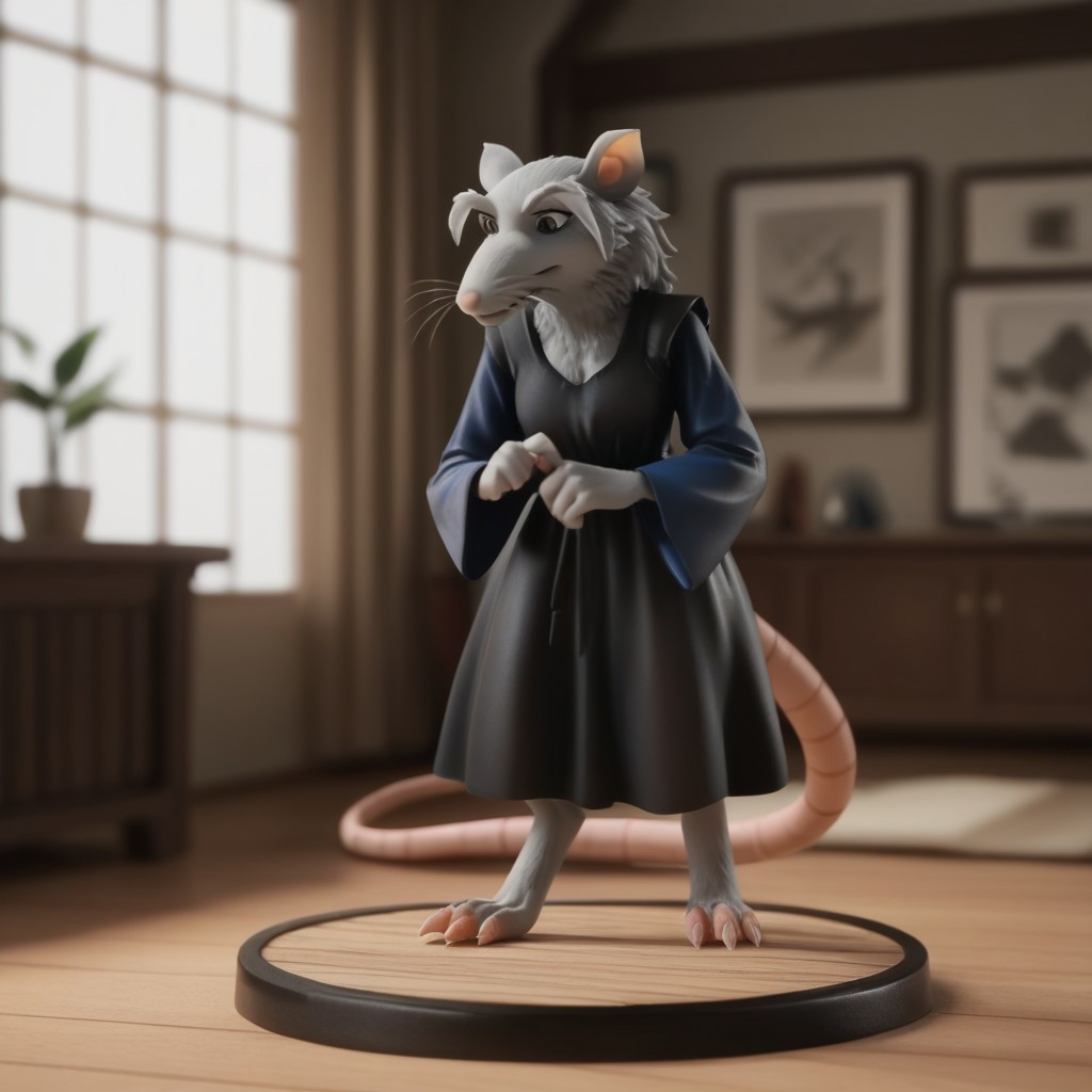 score_9, score_8_up, score_7_up, score_6_up, score_5_up, score_4_up, source_furry, Splinter03v2, semi-anthro, female, rat, grey fur, brown eyes, rat tail, , inside, full body,  black dress, blue sleeves