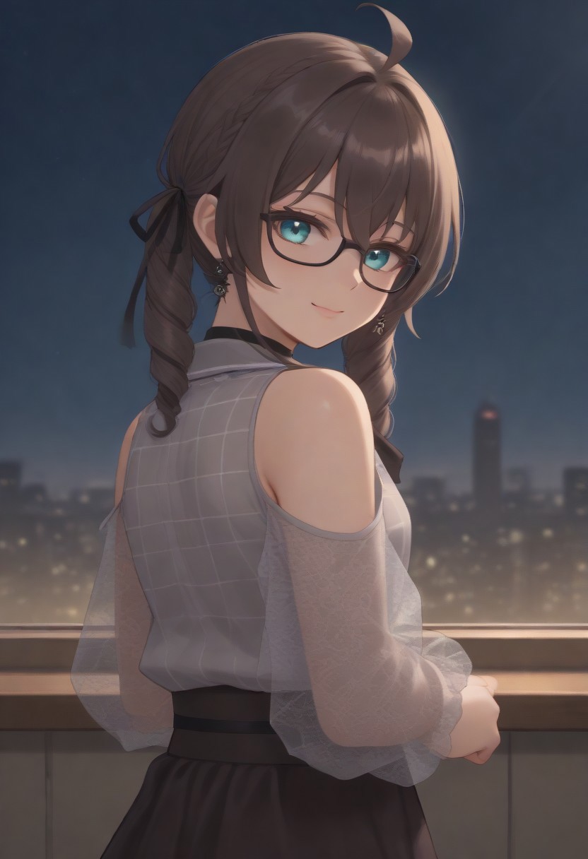 1girl, solo, solo focus, highres, absurdres, MatsuriMineGirl, brown hair, bangs, grey shirt, ahoge, twintails, black ribbon, black choker, hair between eyes, hair ribbon, brown skirt, shoulder cutout, collared shirt, flower earrings, black bowtie, blue eyes, white jacket, see-through sleeves, lace sleeves, plaid shirt, high-waist skirt, puffy short sleeves, medium hair, open jacket, small breasts, long sleeves, drill hair, black-framed eyewear, braid,
looking at viewer, evil smile, closed mouth, head tilt, from behind, looking back,
indoor, cityscape, neon lights, window, dark, night, night sky, 
light particles, backlighting, shade, light rays, lens flare, shiny skin, fine fabric emphasis,