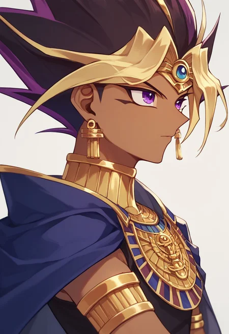 score_9, score_8_up, source_anime, highly detailed,
yami, 1boy, male focus, solo, jewelry, eye of horus, dark skin, purple eyes, dark-skinned male, spiked hair, blonde hair, multicolored hair, cape,
armlet, earrings, ring,
outdoor, egypt, upper body,