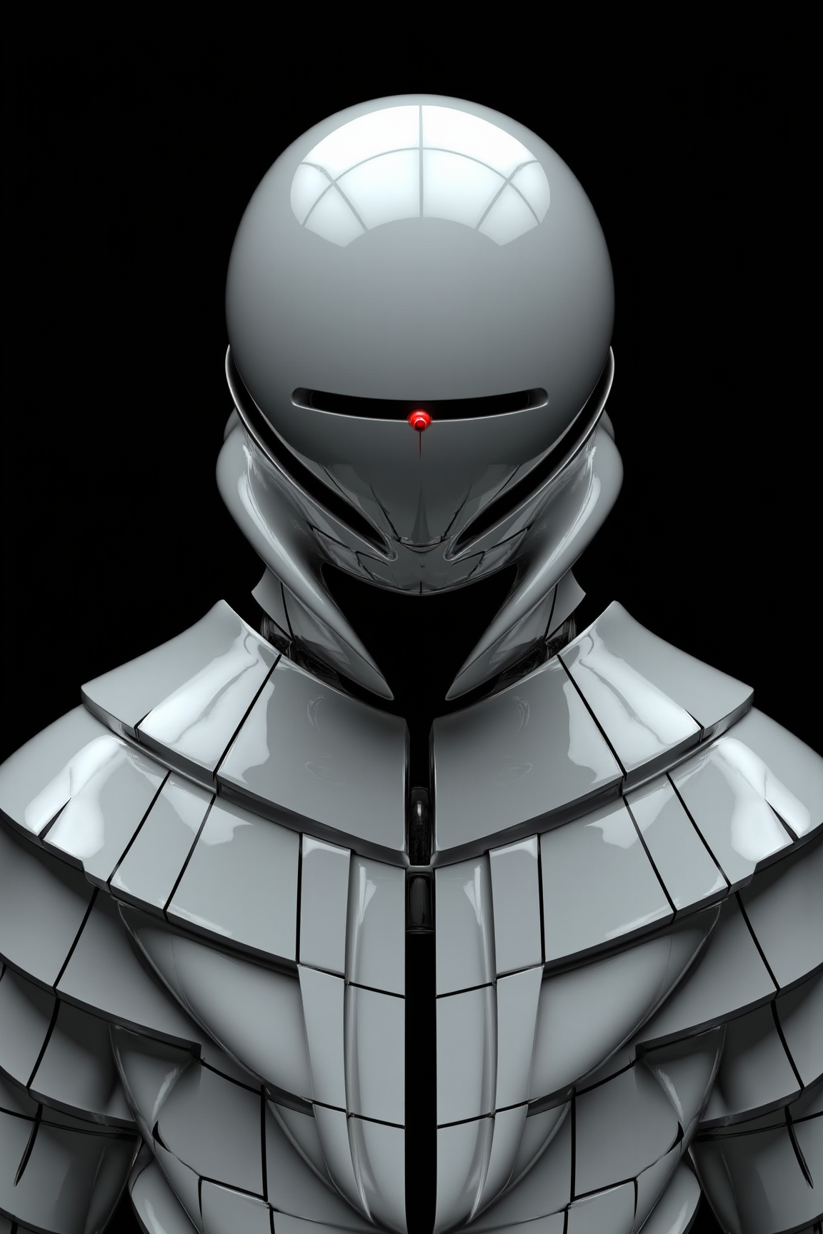 A 3D Rendered abstract of, sharp photo of a close-up of a futuristic-looking helmet with a white visor. The helmet is tilted slightly to the side, and the visor is covering the top half of the helmet. The visor has a red light in the center, which appears to be glowing red. The background is black, making the helmet and visor stand out.
The helmet is made up of multiple layers of white panels, each with a unique design. The panels are arranged in a symmetrical pattern, with the top panel being the largest and the bottom panels being the smallest. Each panel has a small black line running across it, creating a grid-like pattern. The lines are connected by thin black lines, creating an abstract and futuristic look. The overall color scheme of the image is predominantly white, with some hints of red and black. The image has a dark and mysterious feel to it.