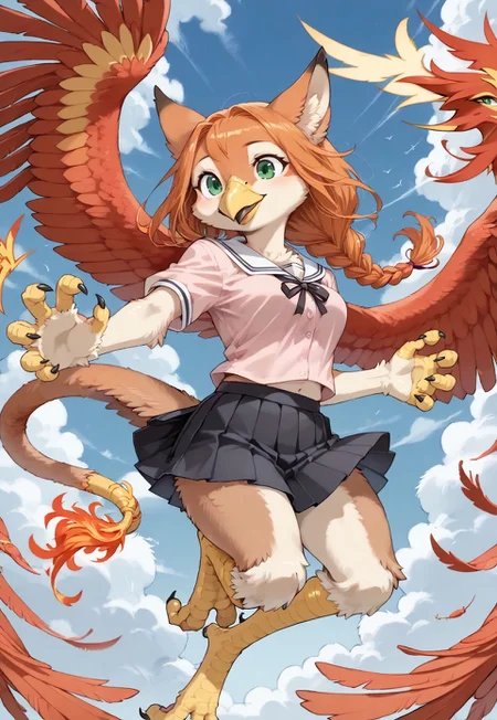safe_pos, (Anthro:1:5), Rating_safe, score_9, score_8_up, score_7_up, detailed, perfect eyes, detailed background, source_anime, source_furry, (long orange hair:1.5), (braided hair:1.5), (happy), (closed mouth:1.5)
(kagarimachi_konatsu), (human:1.5), (1woman), (alone:1.5), (green eyes:1.5), (shortstack:1.25), (slender body:1.5), (medium breasts:1.15), cute, (pink short sleeved shirt:1.25), (black pleated skirt with frills:1.5), (sky and clouds:1.7), (phoenix wings:1.5), (pointy phoenix ears:1.5), (phoenix tail:1.5), (one leg up:1), (animal legs:2), (talon hands:1.75), (phoenix feathers:1.75), (beak:1.75), (flying:1.5)