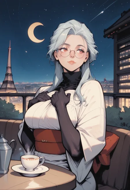 commix style, zPDXL3, PnyCmicXLPOS, score_9, score_8_up, score_7_up, masterpiece, best quality, absurdres, vibrant, highly detailed, very aesthetic, from side, cowboy shot, mature, stunning, 1girl, solo, saihoutakenoue, white kimono, black turtleneck, black gloves, elbow gloves, red obi, glasses, sitting, steaming tea cup, (both arms around own chest:1.5), cafe terrace, table, outdoors, night, Paris, Eiffel Tower, Champ-de-Mars, city lights, starry sky, (crescent moon:1.4)