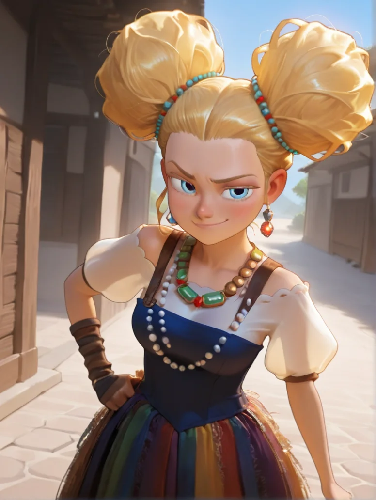 masterpiece, best quality, amazing quality, very aesthetic, absurdres,  newest, detailed background, outdoors, dynamic angle, 4k, 8k,  cowboy shot,
goldixd, 1girl, solo, doble hairbun, jewelry, blue eyes, smirk, dress, medium breasts, posing,
 <lora:Goldilocks_-_Dreamworks_Illustrious:1>