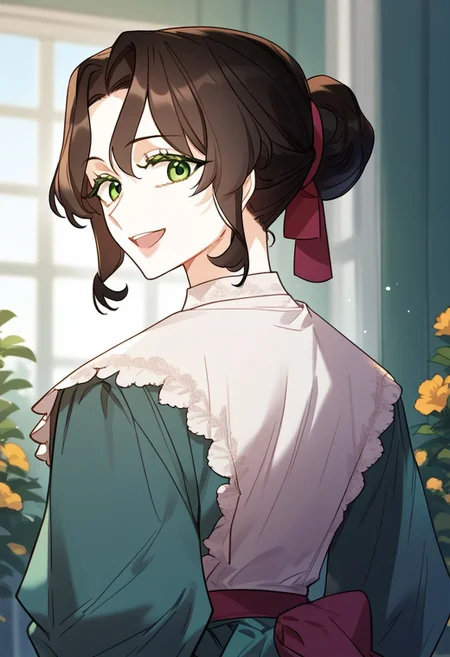 zPDXL3, score_9_up, score_8_up, score_7_up, (Anime_source), 1girl, Mildred, green eyes, green eyebrows, brown hair, long hair, updo hair, upper body, looking back, looking at viewer, smile, half open mouth